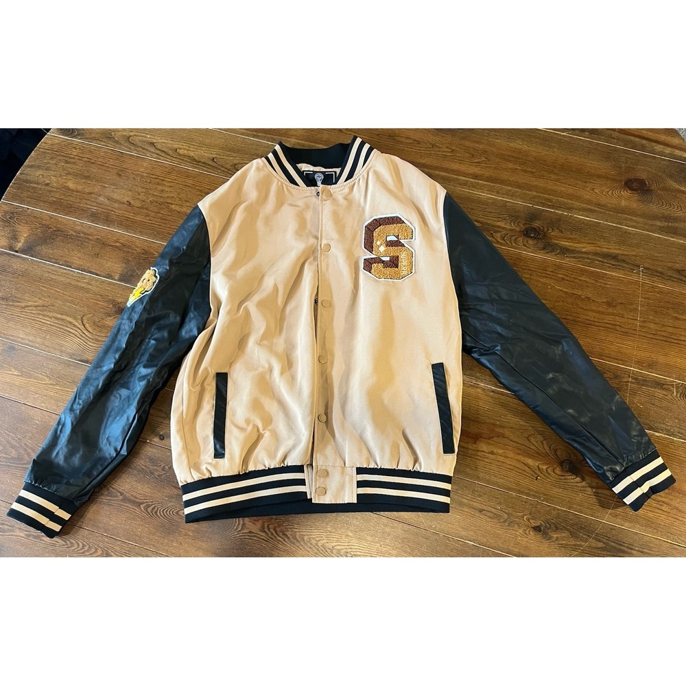 Rebel Minds Men's Tan Varsity Jacket Size L With Embroidery And Faux Leather